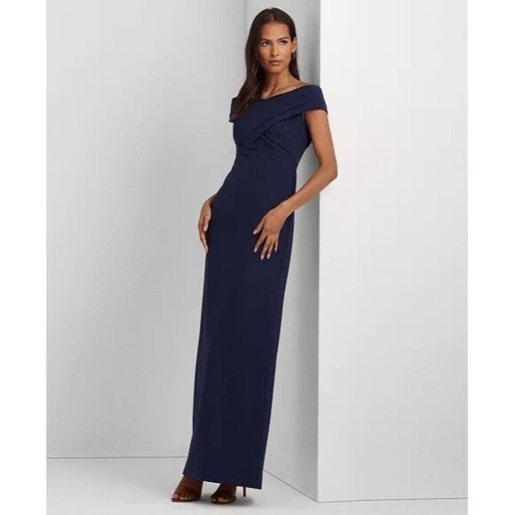 Ralph Lauren Womens Size 10 Navy Off-The-Shoulder Column Gown Maxi Dress Formal - Picture 1 of 14
